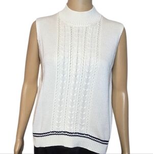 Liz Claiborne Sweater Cable Sleeveless Knit Stripes White Black Womens Size L